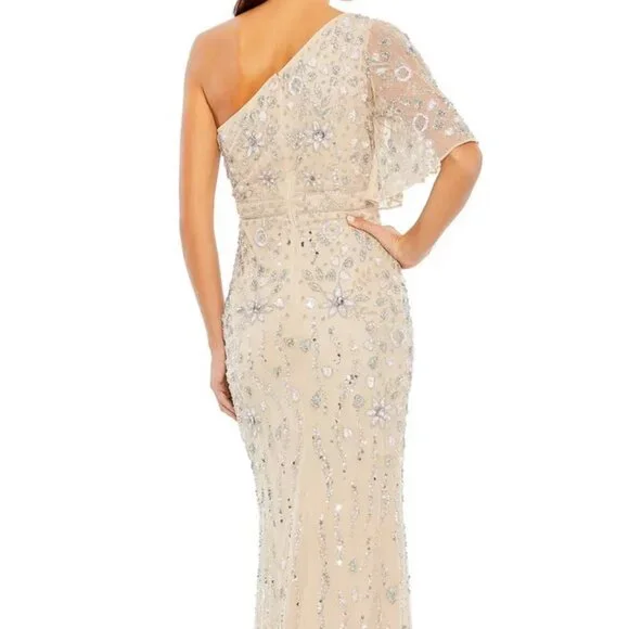 Mac Duggal Nude Sequin Beaded One-Shoulder Side Slit Gown